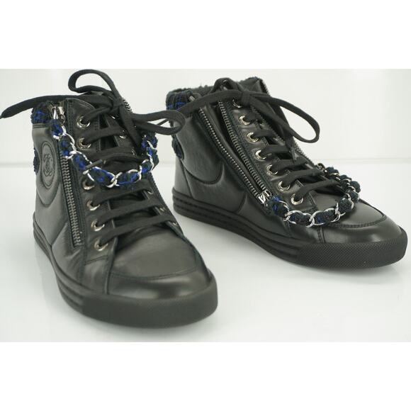 Chanel Black Leather XL CC Logo High Top Sneaker SZ 35 Chain Zip Tweed $1025 New - Picture 5 of 10